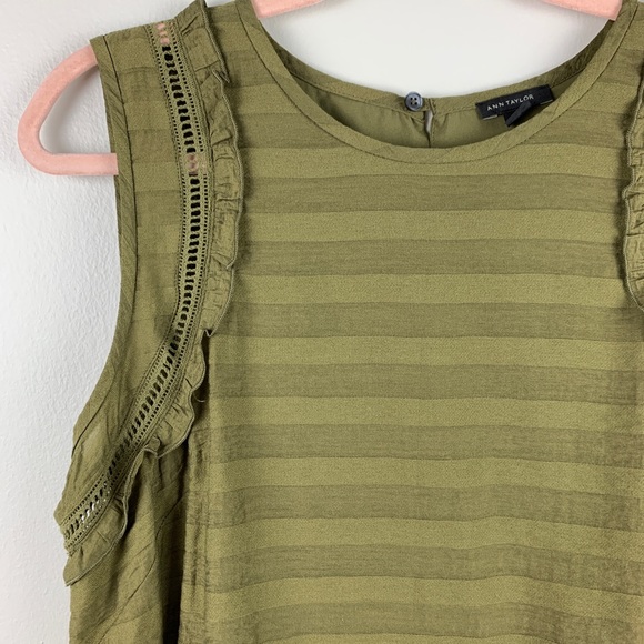 Ann Taylor Sleeveless Striped Shift Dress Olive Green Ruffle Shoulder Detail 8 - Picture 7 of 7